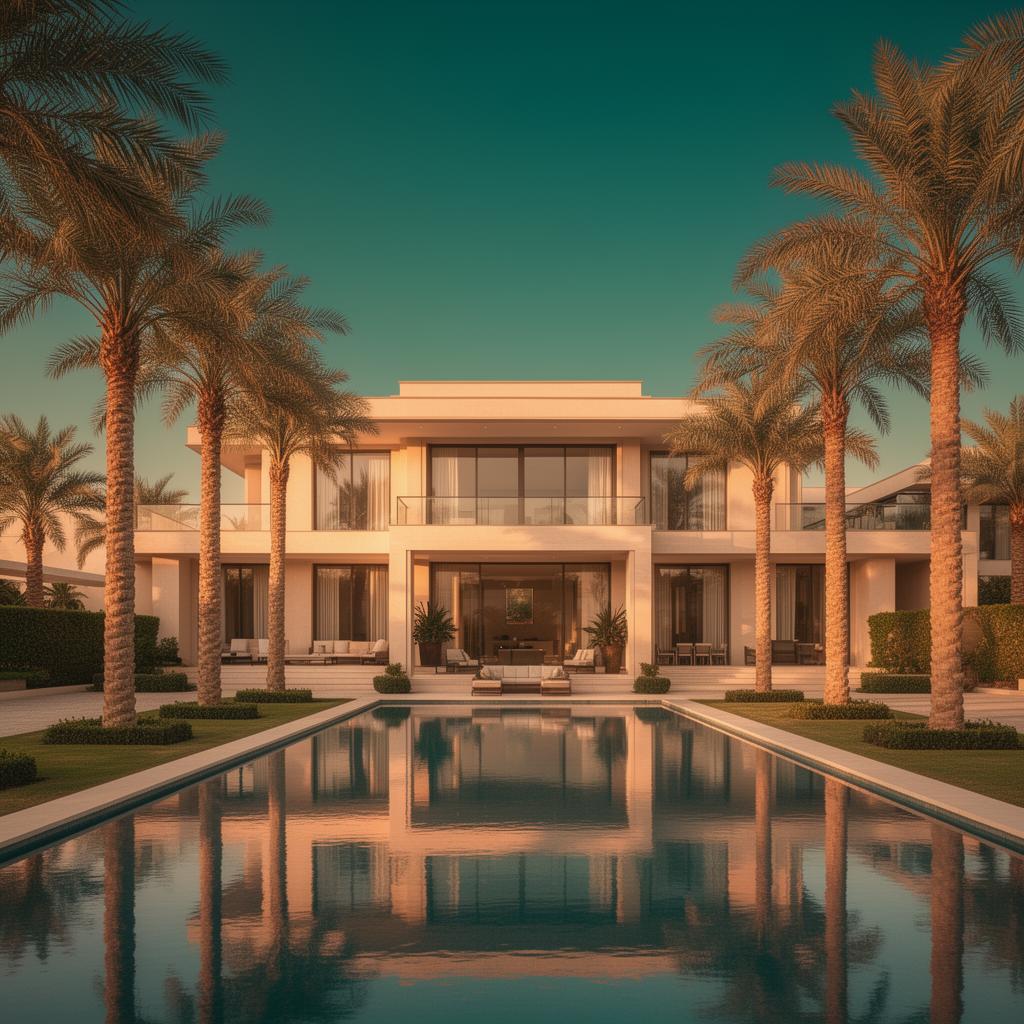 Modern luxury villa with reflecting pool in Dubai at golden hour